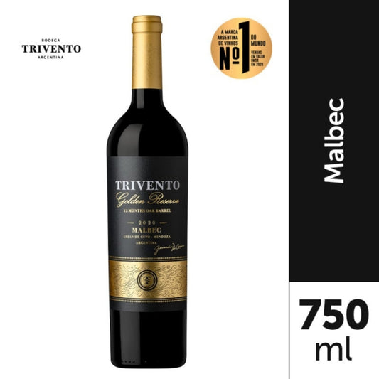 Garrafa de vinho Trivento Golden Reserve Malbec 750 ml, com rótulo preto e dourado.