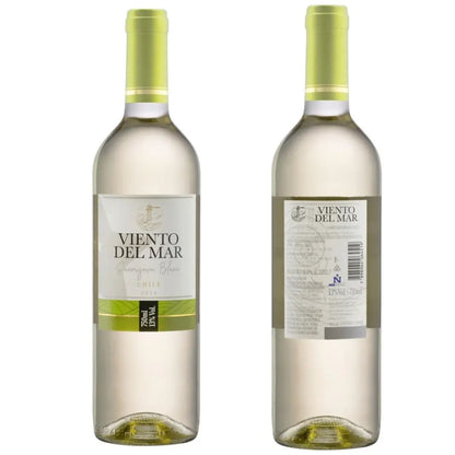 Garrafa de Viento del Mar Sauvignon Blanc vista pela frente e pelo verso.