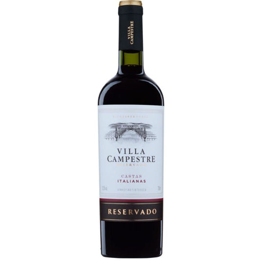 Garrafa de vinho tinto Villa Campestre Castas Italianas Reservado, com rótulo claro e cápsula preta.