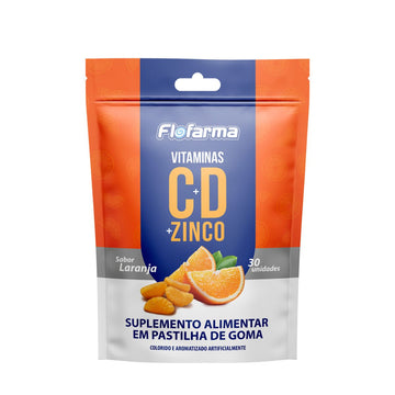 Embalagem Flofarma de vitaminas C, D e zinco em gomas, sabor laranja, com 30 unidades.