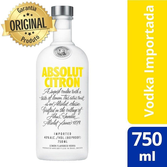 Garrafa branca de Absolut Citron com rótulo amarelo e indicação de 750 ml.