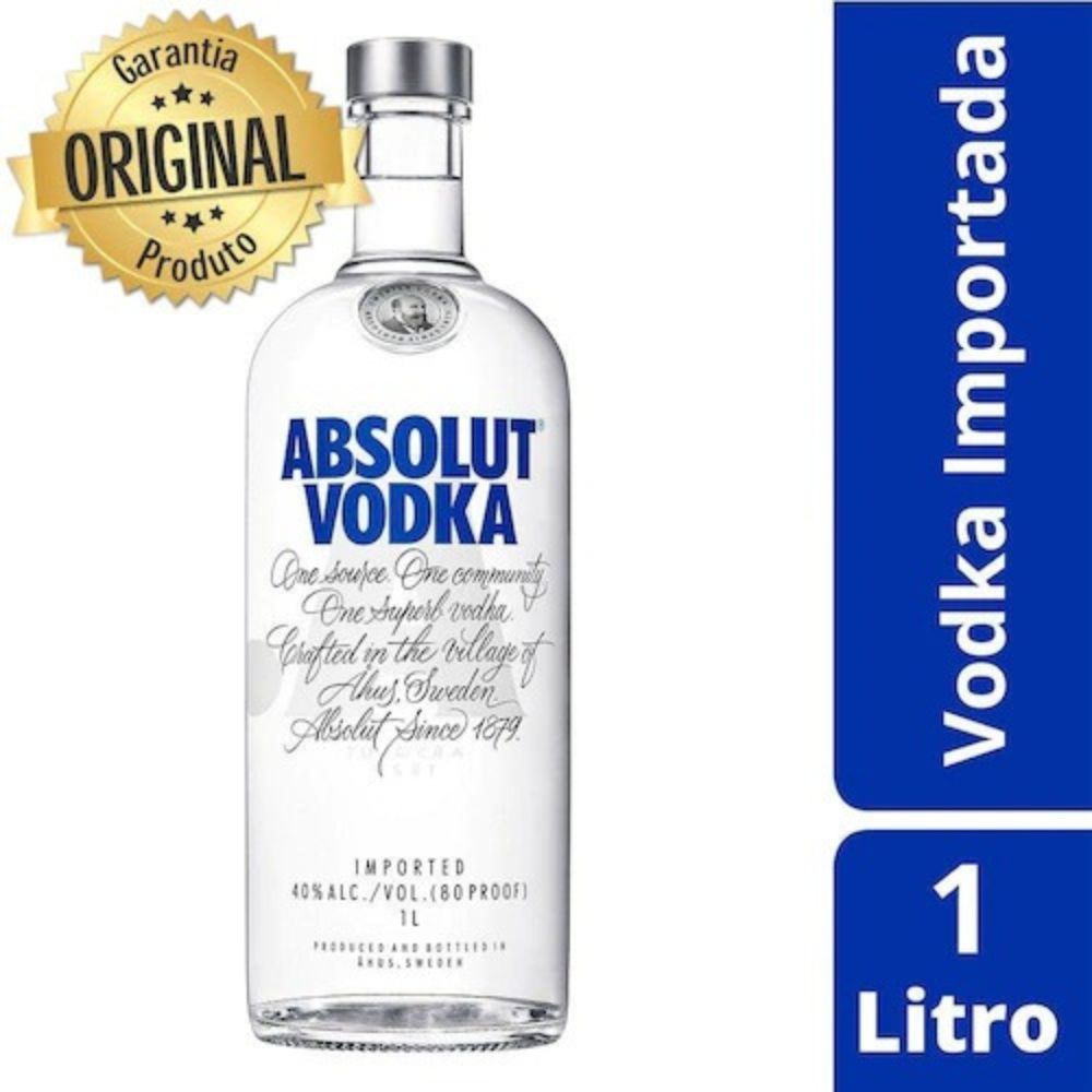 Garrafa de Absolut Vodka transparente com rótulo azul; imagem também indica 1 litro.