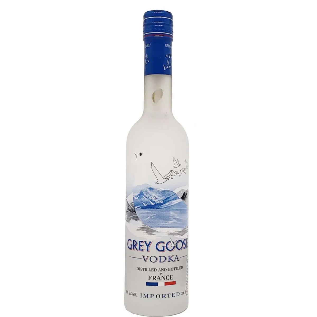 Garrafa branca de Vodka Grey Goose 200 ml com tampa azul e ilustração de aves e paisagem.