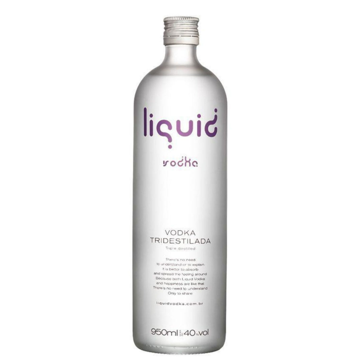 Garrafa prateada de Vodka Liquid com tampa metálica; rótulo indica 950 ml e 40% vol.