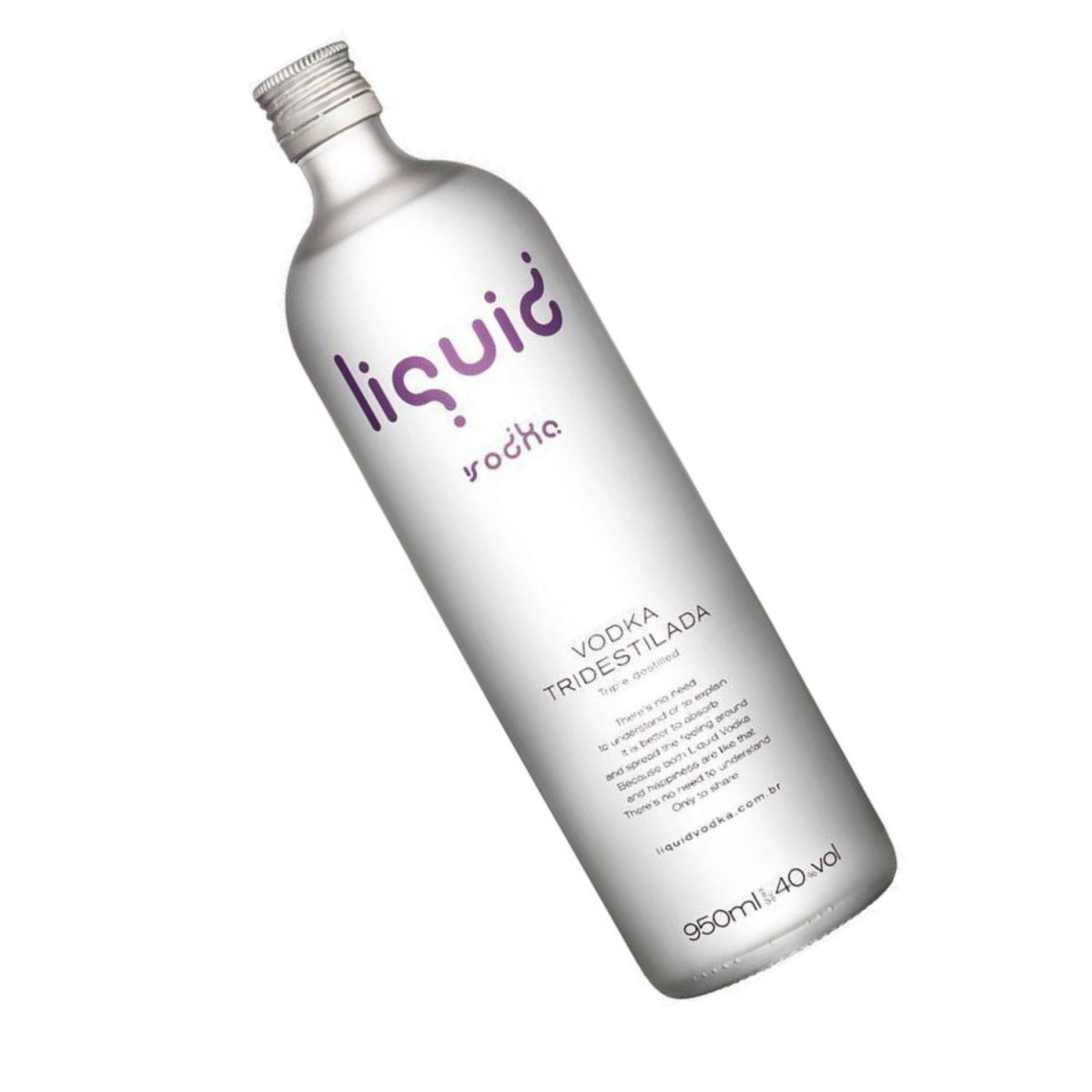 Garrafa prateada de Vodka Liquid inclinada, com tampa metálica e rótulo frontal visível.