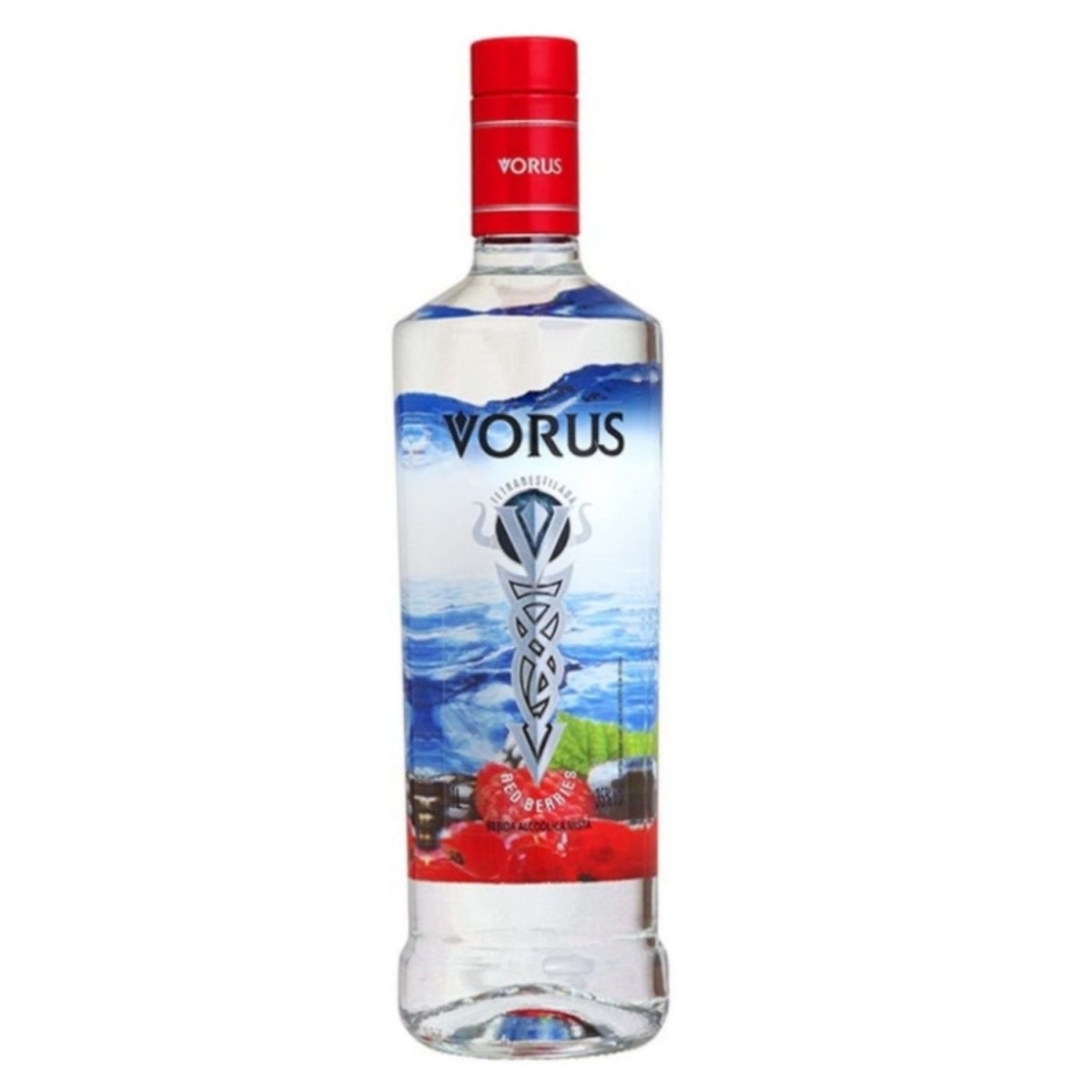 Garrafa de vodka Vorus Frutas Vermelhas de 1 litro, com tampa vermelha e rótulo ilustrado em azul e vermelho.