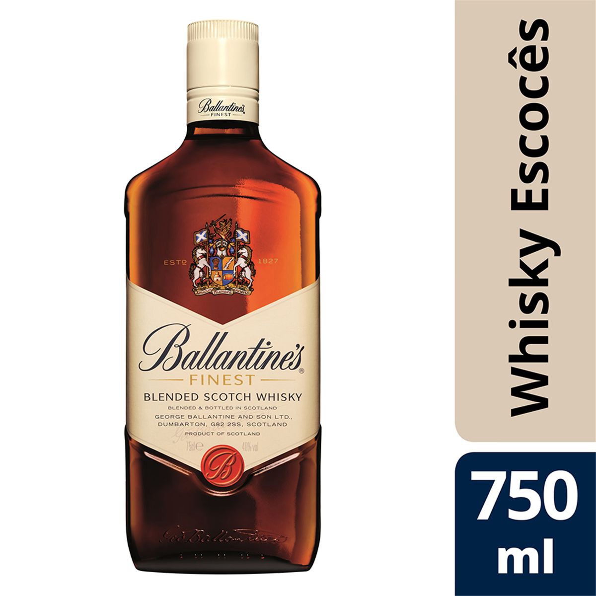 Garrafa de whisky Ballantine's Finest com indicação de 750 ml.