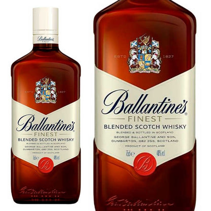 Garrafa Ballantine's Finest e detalhe do rótulo com indicação de blended Scotch whisky e 40% vol.