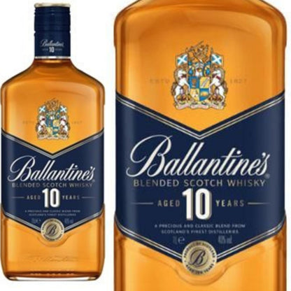 Garrafa Ballantine's 10 Anos e detalhe ampliado do rótulo azul.