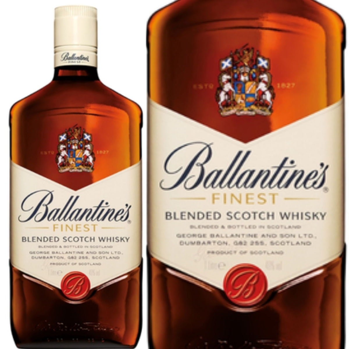 Garrafa Ballantine's Finest ao lado de um detalhe ampliado do rótulo, onde se lê Blended Scotch Whisky.