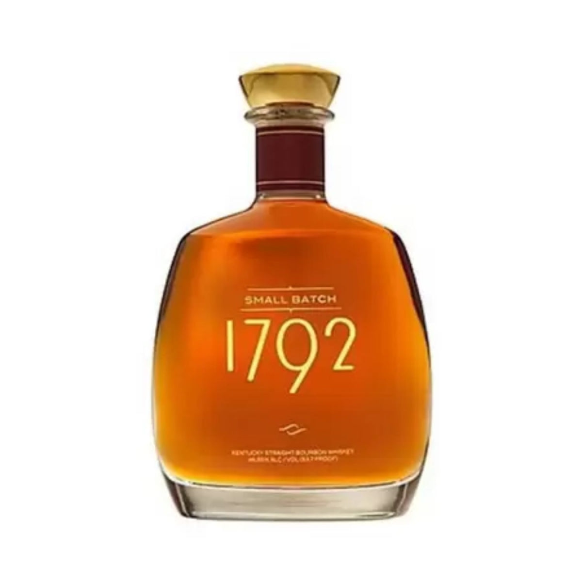 Garrafa de bourbon 1792 Small Batch com líquido âmbar e tampa dourada.