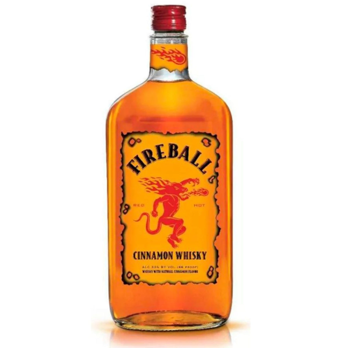 Garrafa de whisky de canela Fireball com rótulo amarelo e líquido âmbar