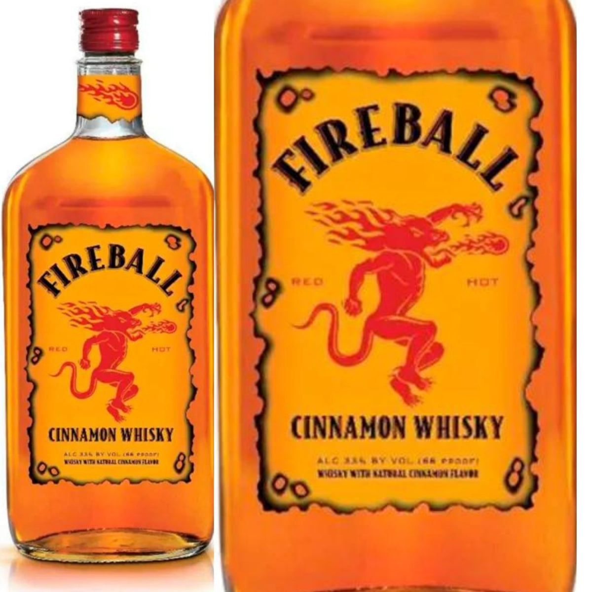 Garrafa Fireball ao lado de um close do rótulo Cinnamon Whisky