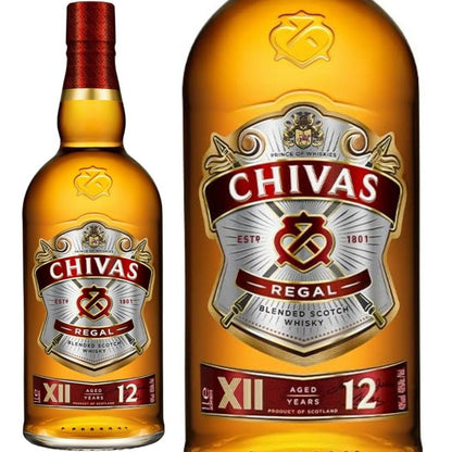 Garrafa Chivas Regal 12 anos ao lado de um close do rótulo frontal.