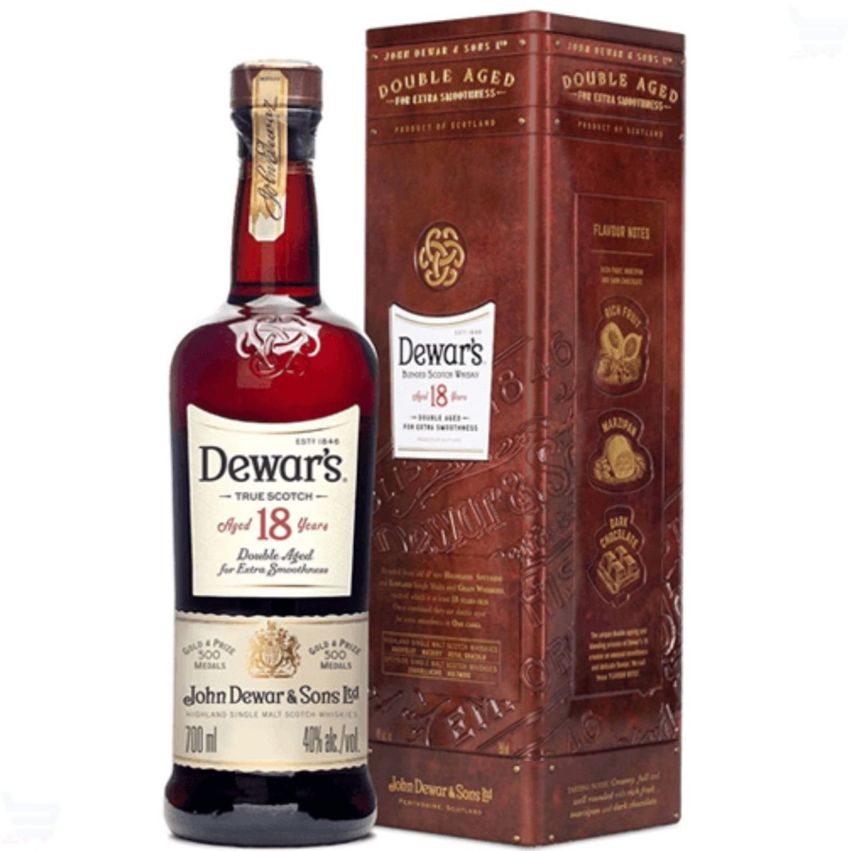 Garrafa de whisky Dewar's 18 anos ao lado de caixa marrom decorada.