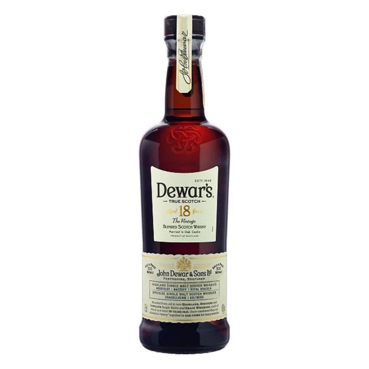 Garrafa Dewar's True Scotch 18 anos vista de frente.