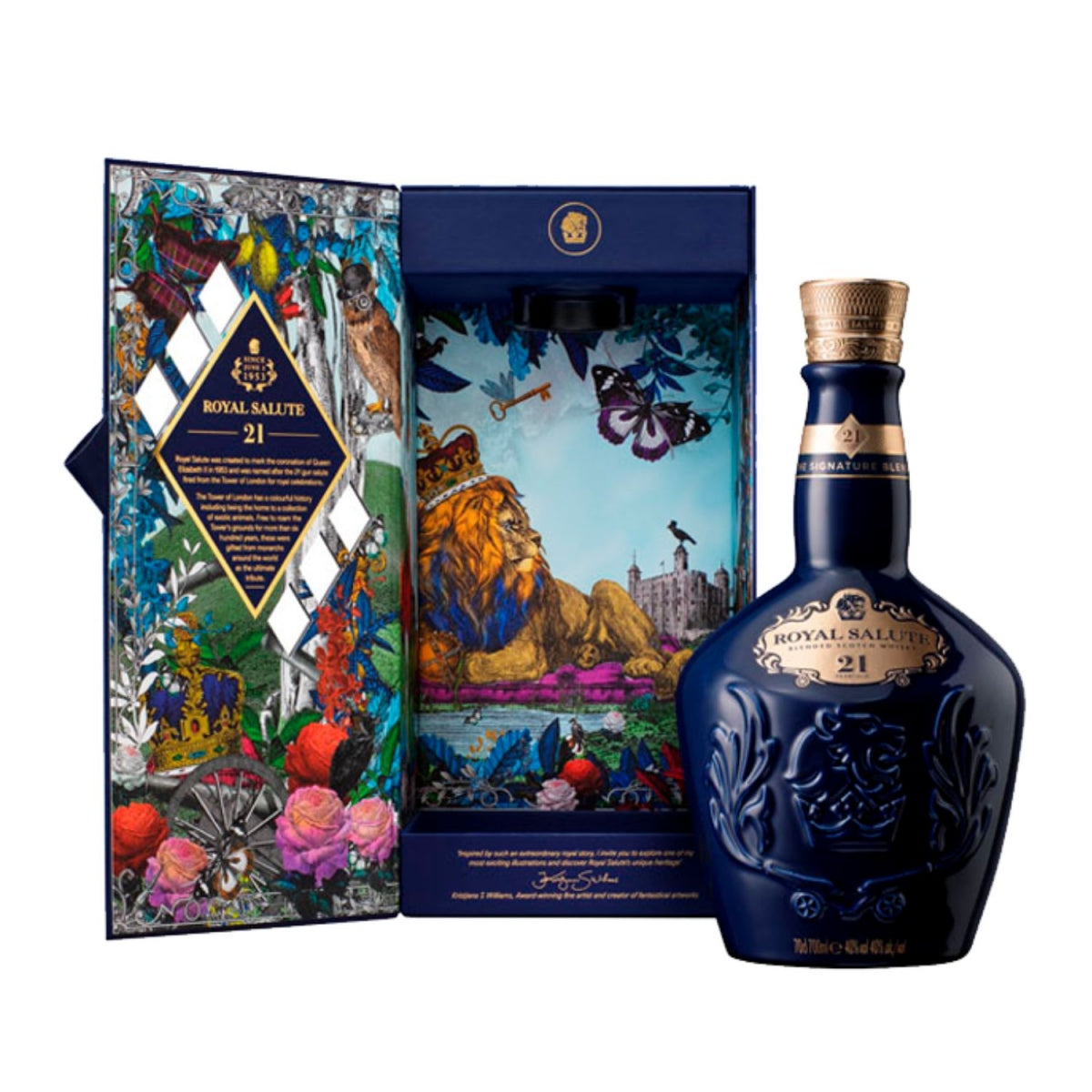 Garrafa Royal Salute azul apresentada com a caixa aberta e ilustrações coloridas no interior.