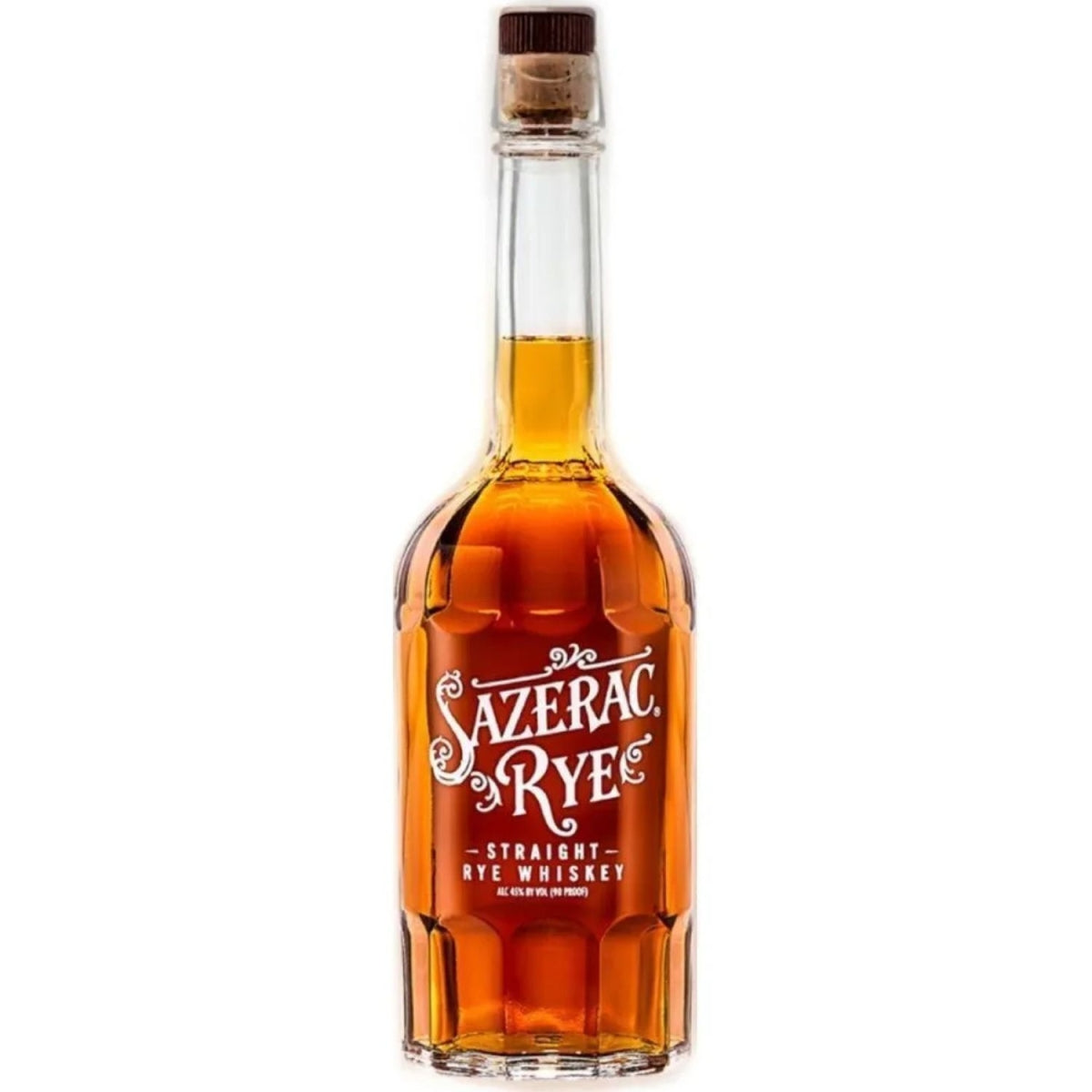 Garrafa de vidro do whisky Sazerac Rye Straight Rye Whiskey com líquido âmbar.