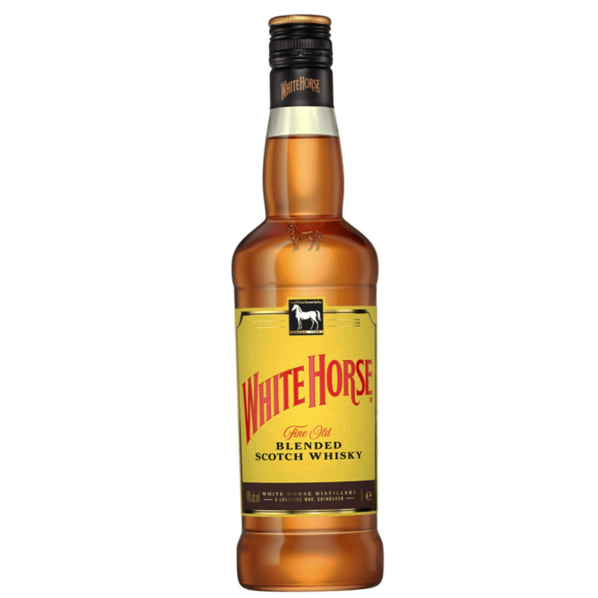 Garrafa de whisky White Horse com líquido âmbar, tampa preta e rótulo amarelo