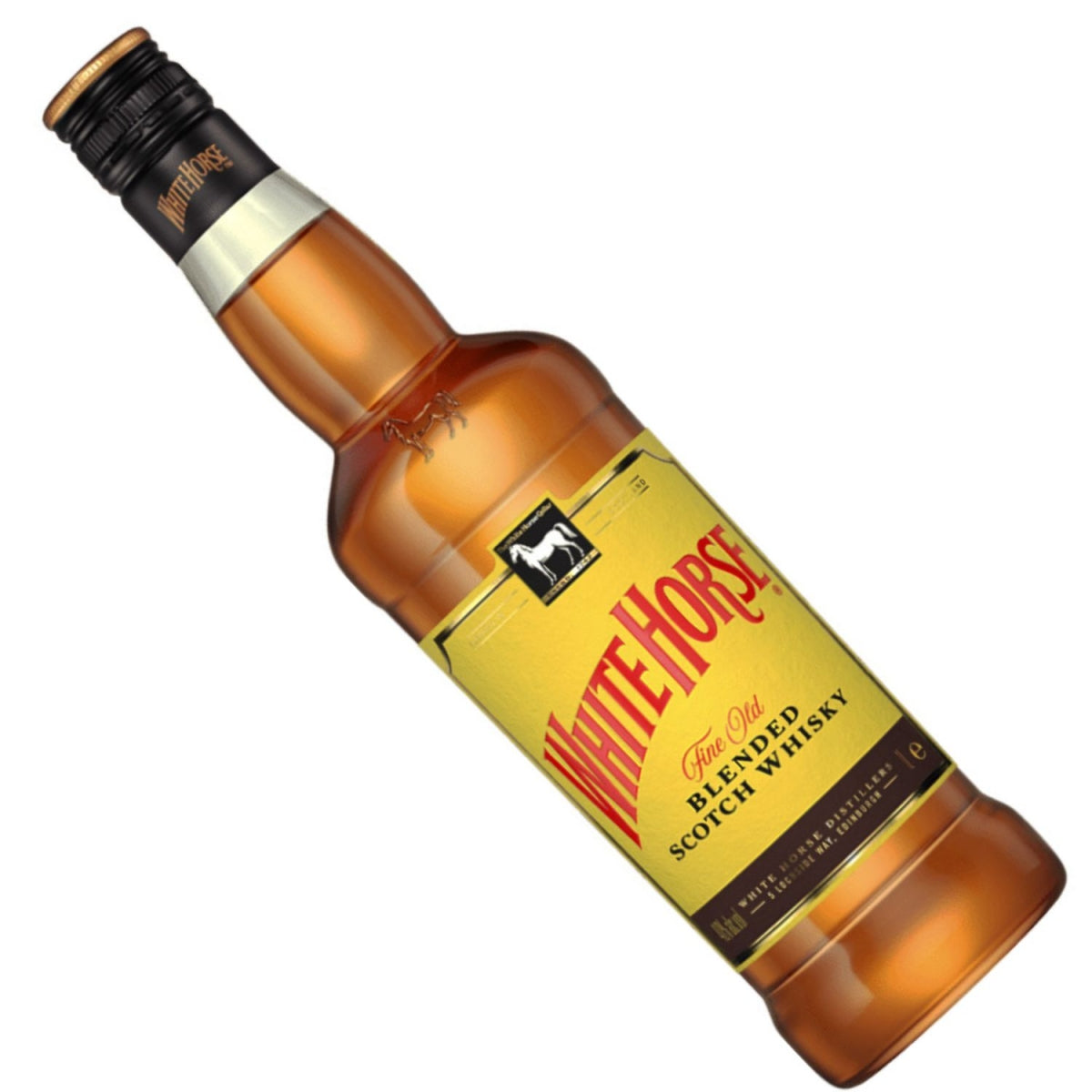 Garrafa de whisky White Horse inclinada, mostrando o rótulo Blended Scotch Whisky