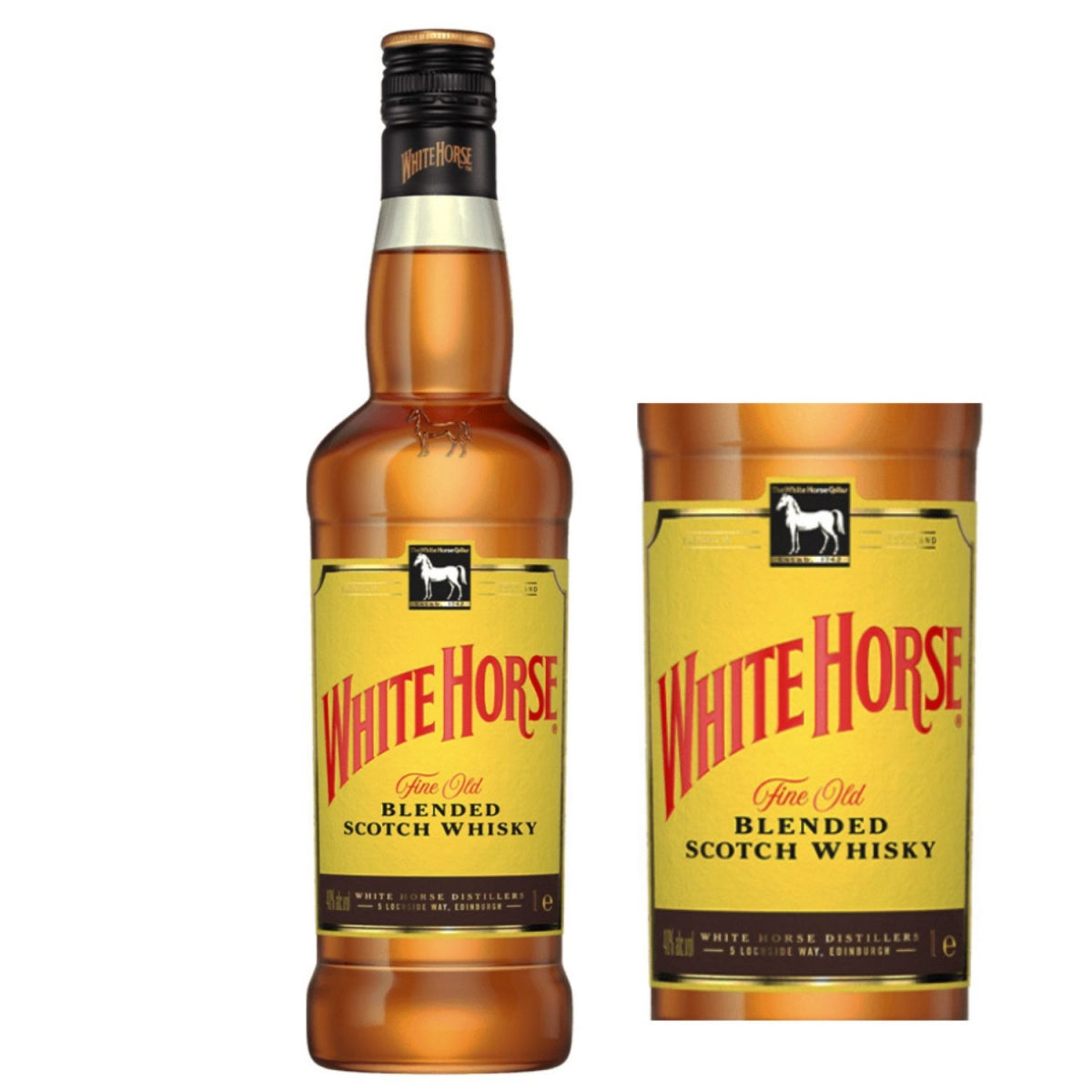 Garrafa de whisky White Horse ao lado de um detalhe ampliado do rótulo amarelo