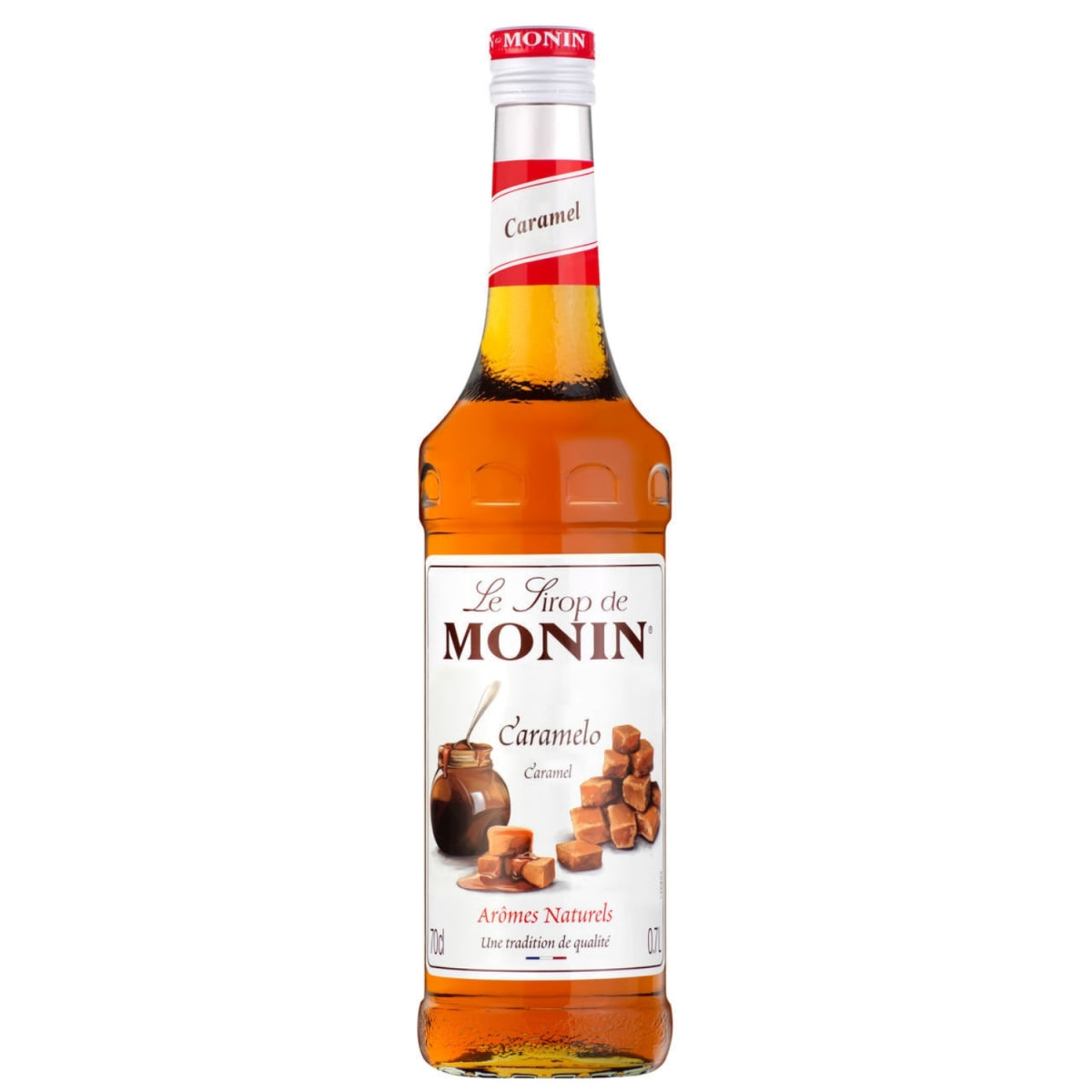 Garrafa de xarope Monin sabor caramelo, com líquido âmbar e rótulo branco e vermelho, 700 ml.