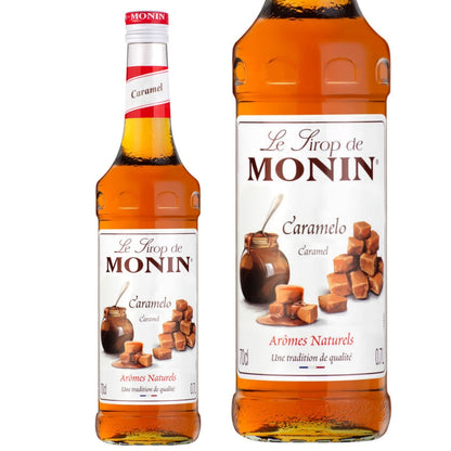 Garrafa de xarope Monin caramelo e detalhe ampliado do rótulo com indicação de 700 ml.